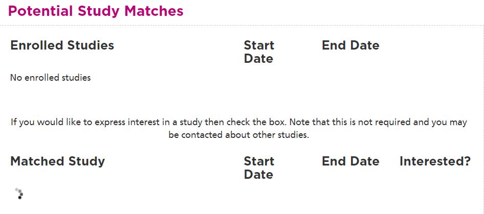 Screenshot: potential study matches (loading)
