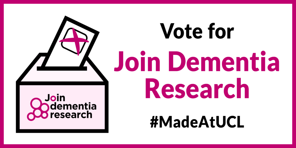 Graphic of voting slip going into Join Dementia Research box with #MadeAtUCL hashtag